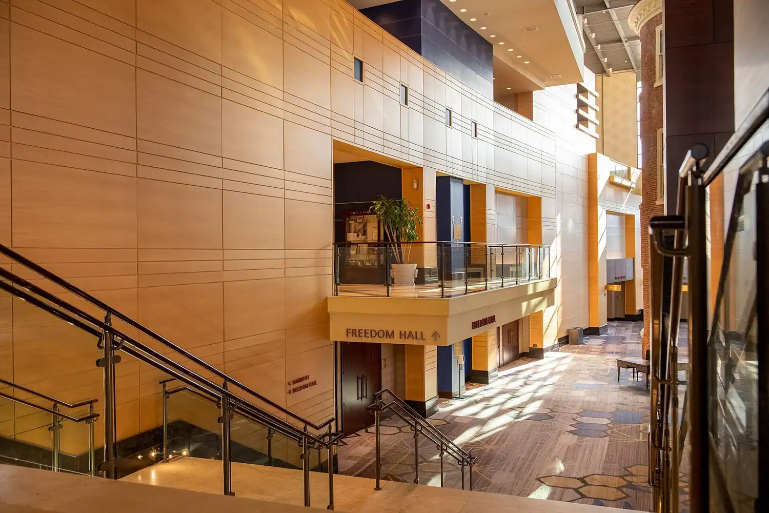 Modern interior of Lancaster County Convention Center with wooden walls and natural lighting.