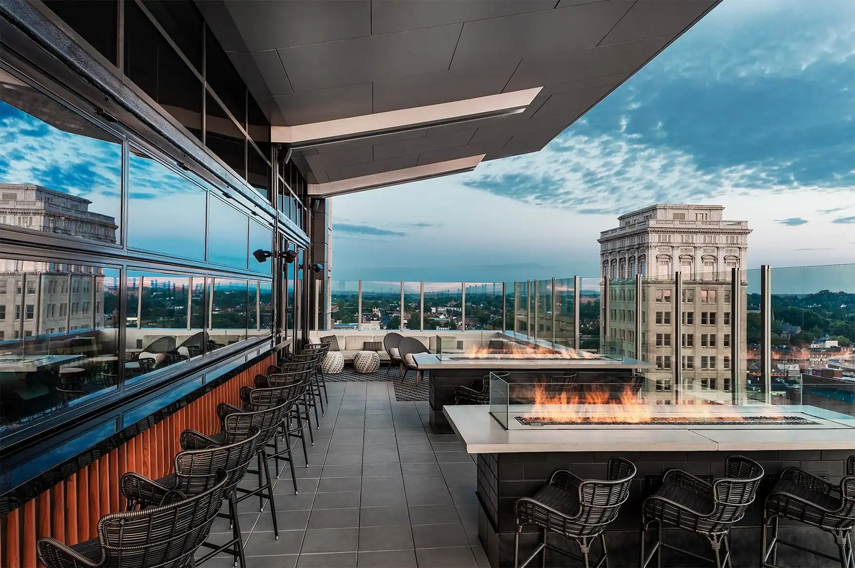 Rooftop terrace at Lancaster County Convention Center with city view.