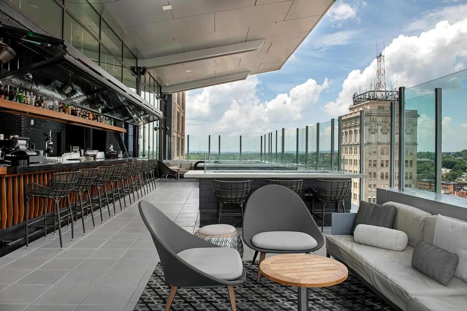 the exchange Rooftop lounge at Lancaster County Convention Center with city view.
