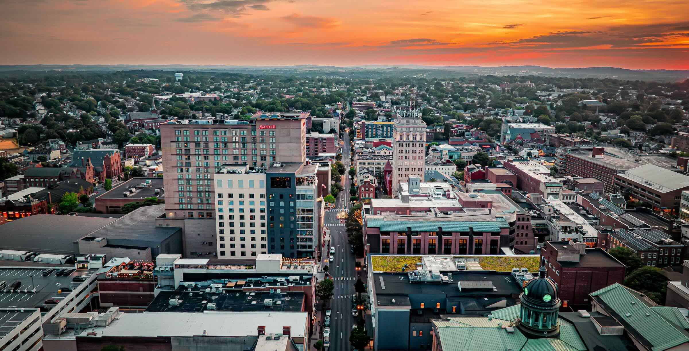 Aerial view of Lancaster County Convention Center at sunset.